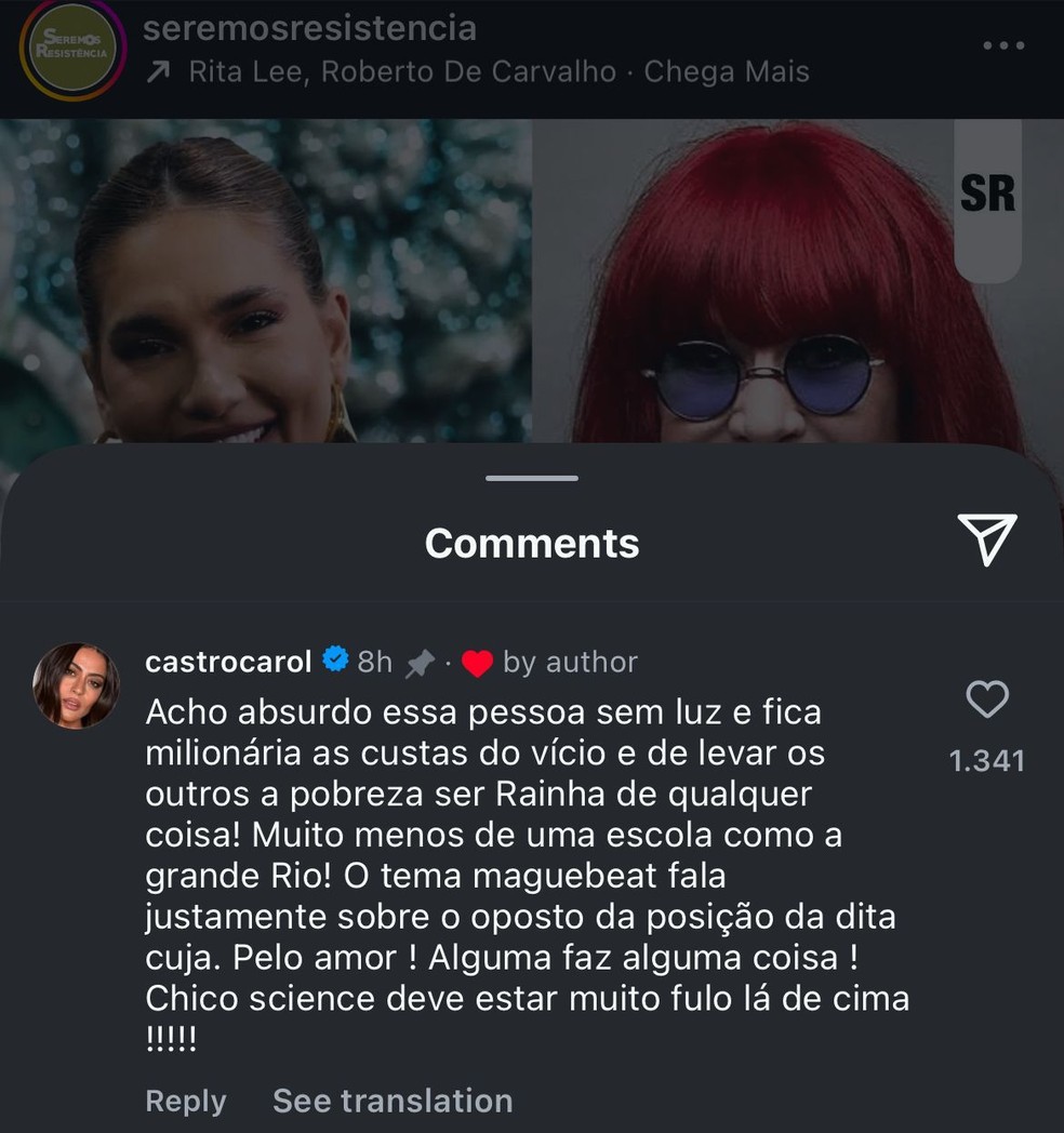 Carol Castro critica Grande Rio por colocar Virginia Fonseca como Rainha de Bateria — Foto: Reprodução/Instagram