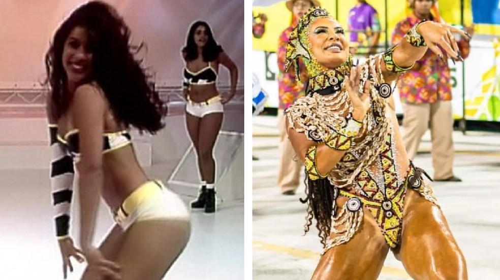 Scheila Carvalho, em 1997, e com visual atual — Foto: Reprodução/TV Globo e Nayara Andrade