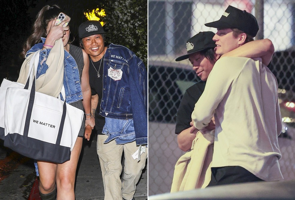 Pax Jolie-Pitt é amparado por amigos após deixar clube de striptease — Foto: Grosby Group
