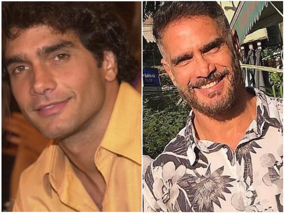 Antes e depois: Rafael Calomeni como Diogo, em Mulheres Apaixonadas (Globo, 2003), e com visual atual — Foto: Divulgação/TV Globo e Reprodução/Instagram