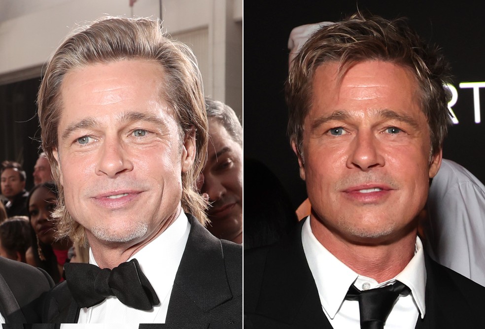 Brad Pitt em fevereiro de 2020 e em novembro de 2023 — Foto: Getty Images