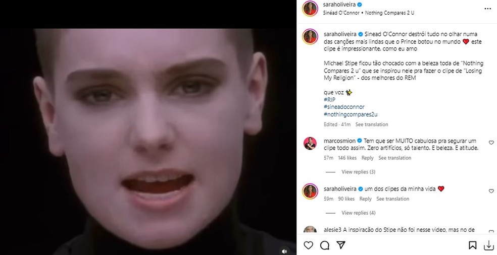 Sarah Oliveira lamenta morte de Sinéad O'Connor — Foto: Reprodução/Instagram