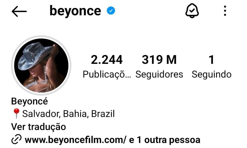 Beyoncé muda localização de seu Instagram em homenagem ao Brasil — Foto: Reprodução do Instagram