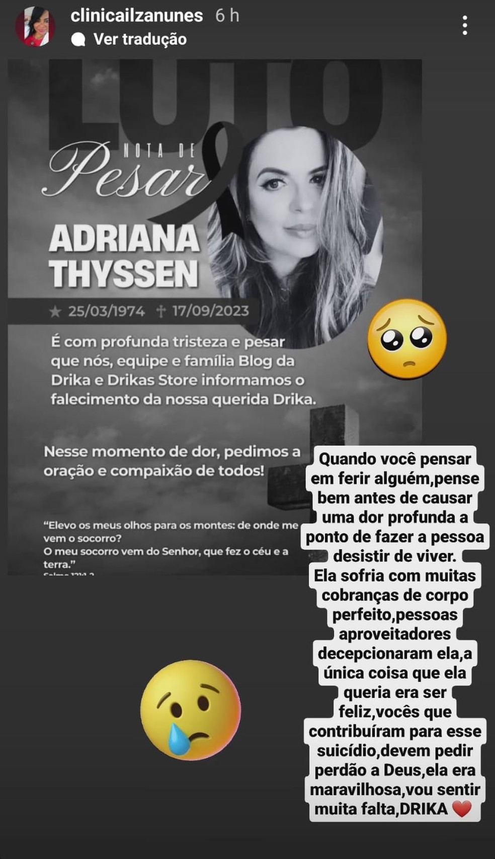 Web lamenta morte de Adriana Thyssen, do Blog da Drika — Foto: Instagram