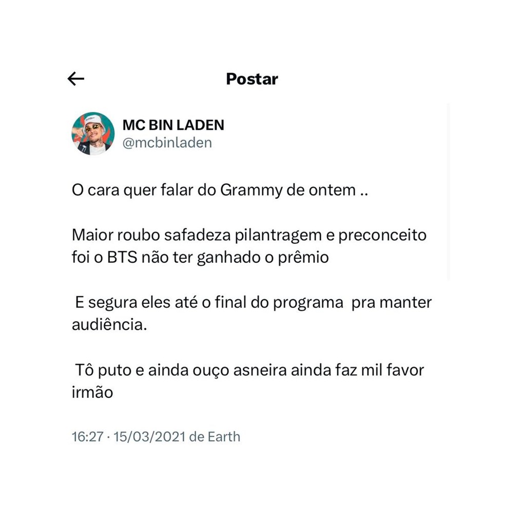 BBB 24: MC Bin Laden volta a se indignar com derrota do BTS no 63º Grammy