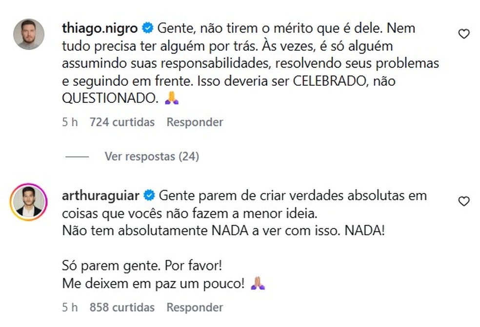 Comentário de Arthur Aguiar e Thiago Nigro — Foto: Reprodução/Instagram