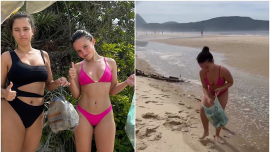 Larissa Manoela aparece em vídeo recolhendo lixo em praia com a cunhada; veja