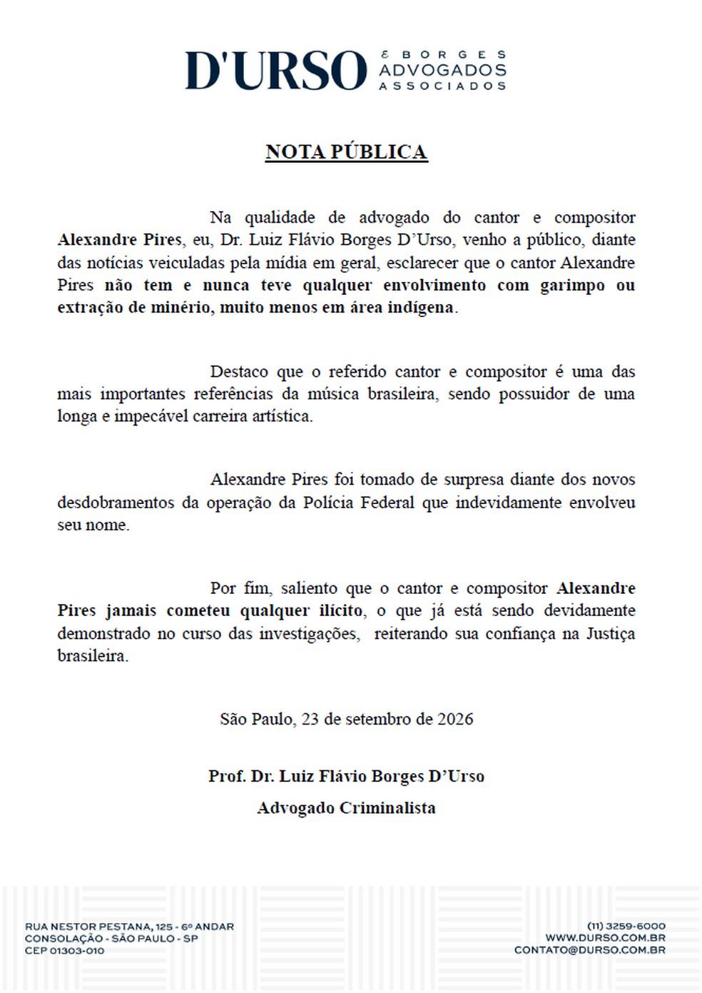 Nota divulgada pela equipe jurídica de Alexandre Pires — Foto: Divulgação