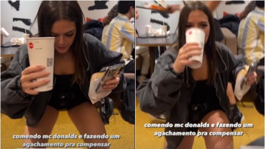 Em Portugal, Mel Maia faz agachamento em lanchonete enquanto come lanche e bebe refrigerante: 'Pra compensar'; vídeo