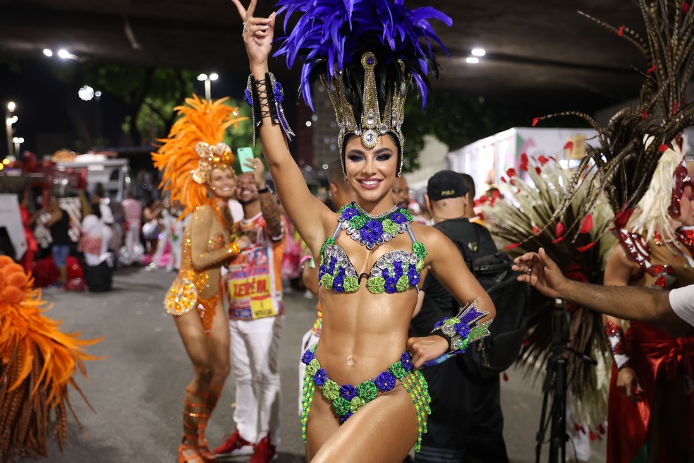 Gabriela Versiani no desfile da Grande Rio — Foto: Daniel Pinheiro/AgNews