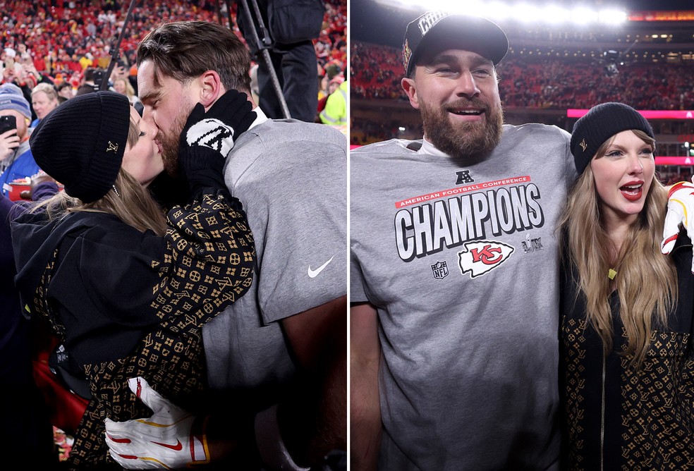 No campo, Taylor Swift dá beijão em Travis Kelce em vitória do time do ...
