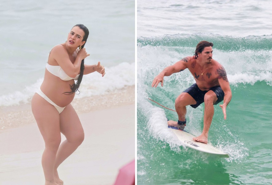 Grávida, Mari Saad troca beijos com Rômulo Arantes Neto durante dia de praia no Rio