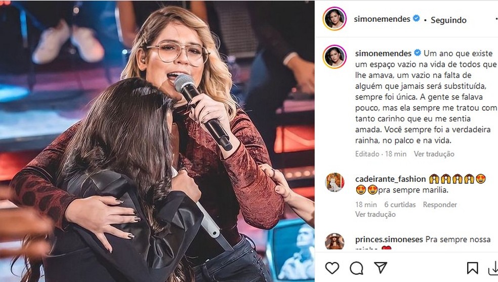 Simone Mendes homenageia Marília Mendonça — Foto: Reprodução/Instagram