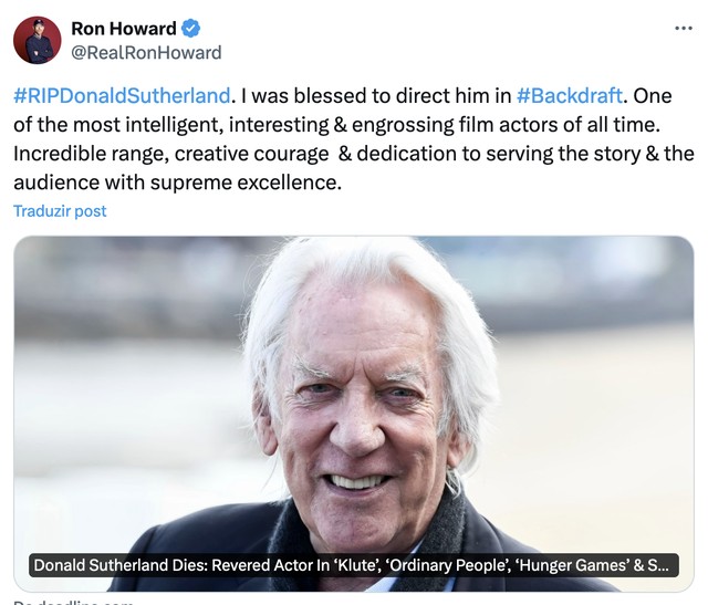 Hollywood reage a morte de Donald Sutherland