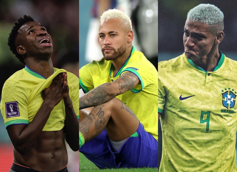 Vini Jr, Neymar e Richarlisson após derrota do Brasil