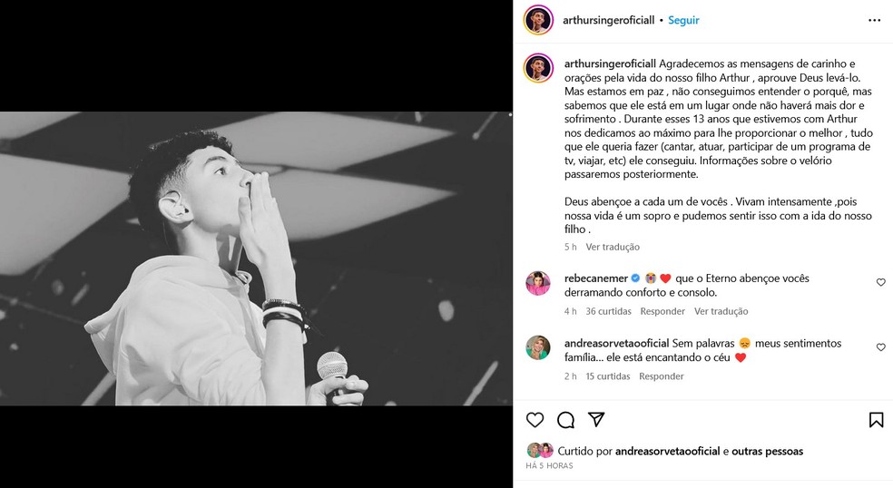 Arthur Singer, do 'Canta Comigo Teen', morre aos 13 anos