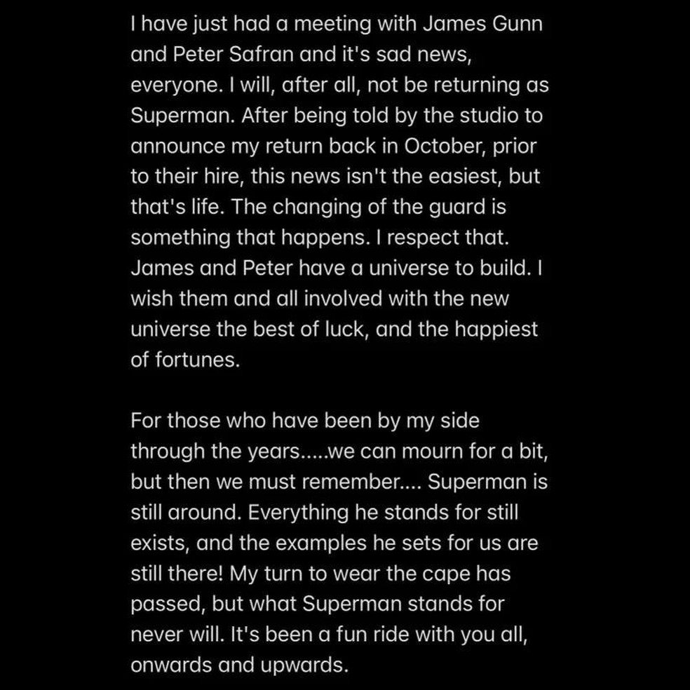 Henry Cavill confirma em seu Instagram que não será mais o Superman nos  cinemas 
