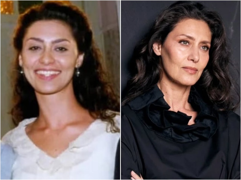 Maria Fernanda Cândido em 'Terra Nostra (Globo, 1999), como Paola, e com visual atual — Foto: Divulgação/TV Globo e Reprodução/Instagram