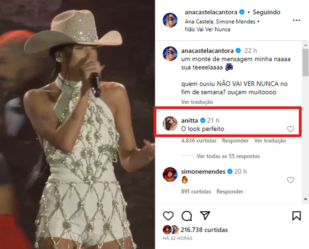 Ana Castela mostra reação a elogio de Anitta em publicação — Foto: Instagram
