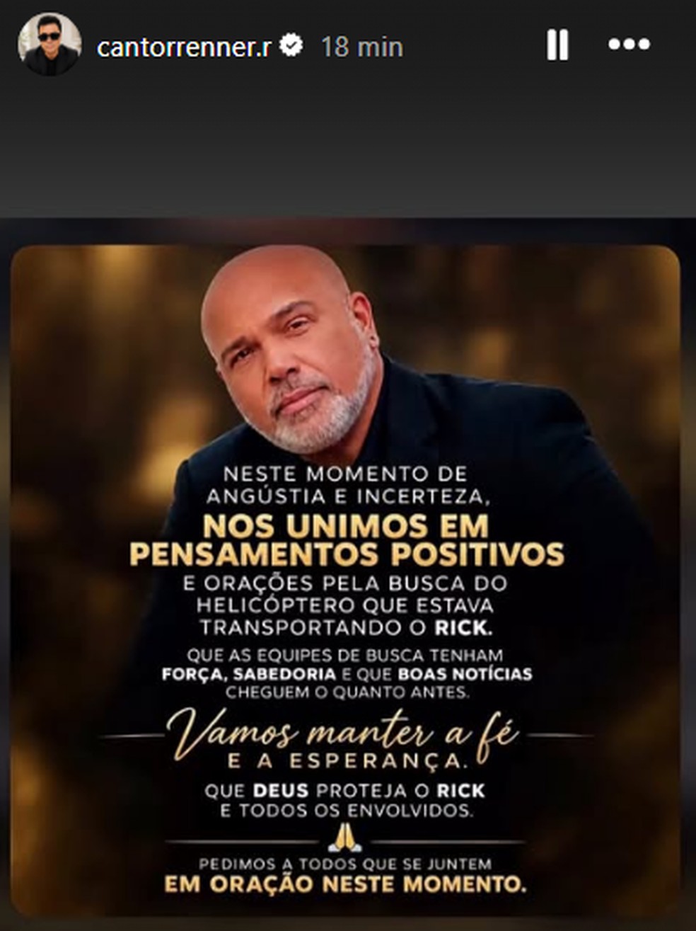 Renner, da dupla com Rick, posta após desaparecimento de aeronave que levava cantor — Foto: Reprodução/Instagram