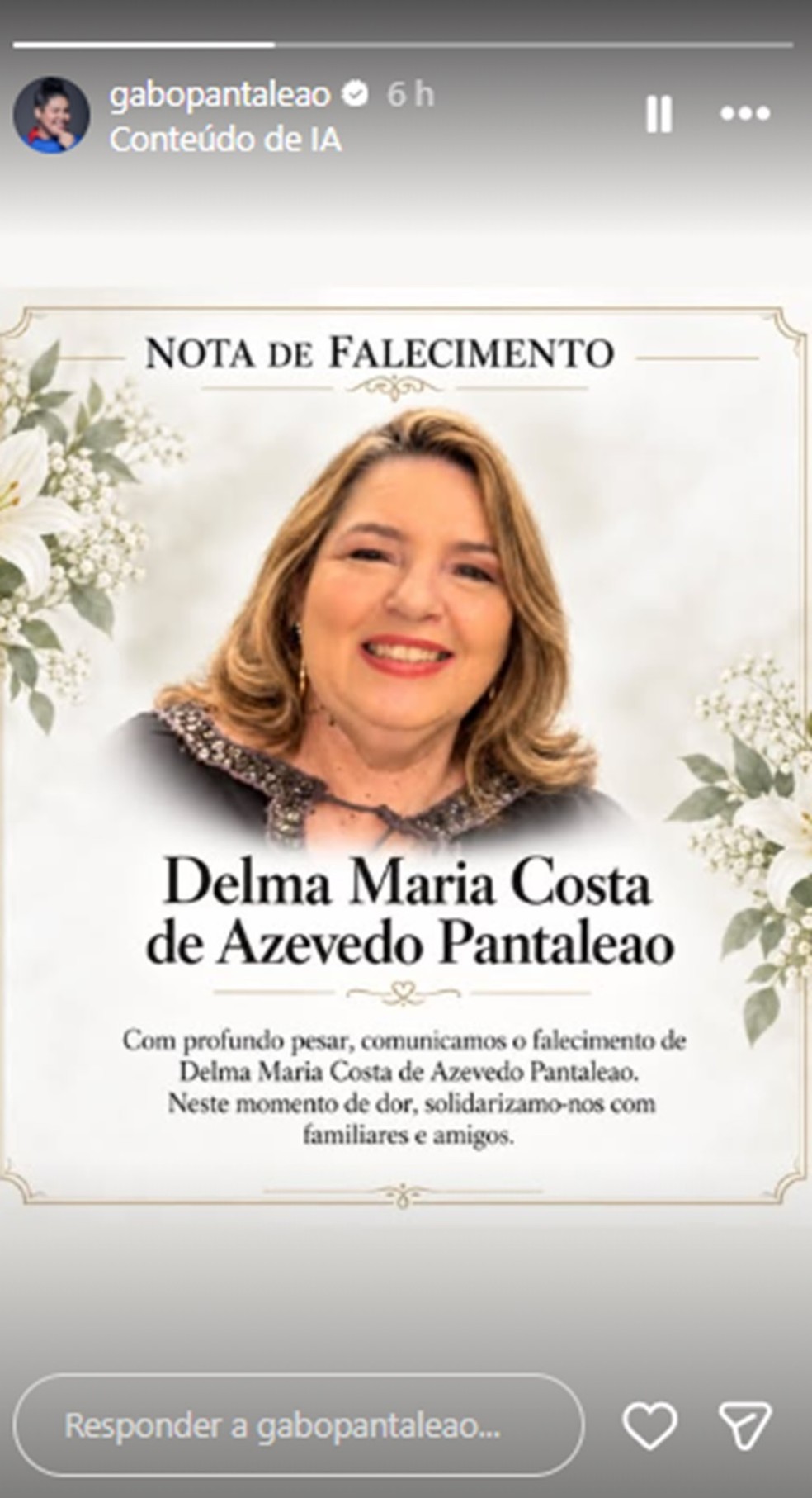 Gabô Pantaleão comunica morte da mãe, Delma Maria — Foto: Reprodução/Instagram
