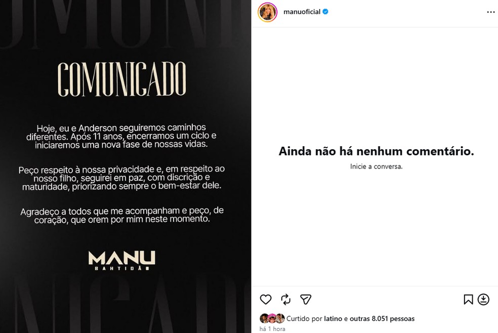 Manu Bahtidão anuncia fim de casamento com Anderson Halliday — Foto: Reprodução/Instagram