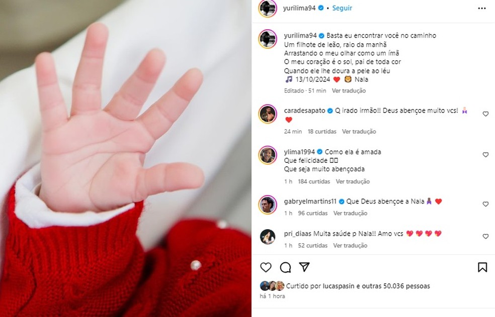 Yuri Lima faz post para celebrar nascimento de Nala — Foto: Reprodução/Instagram