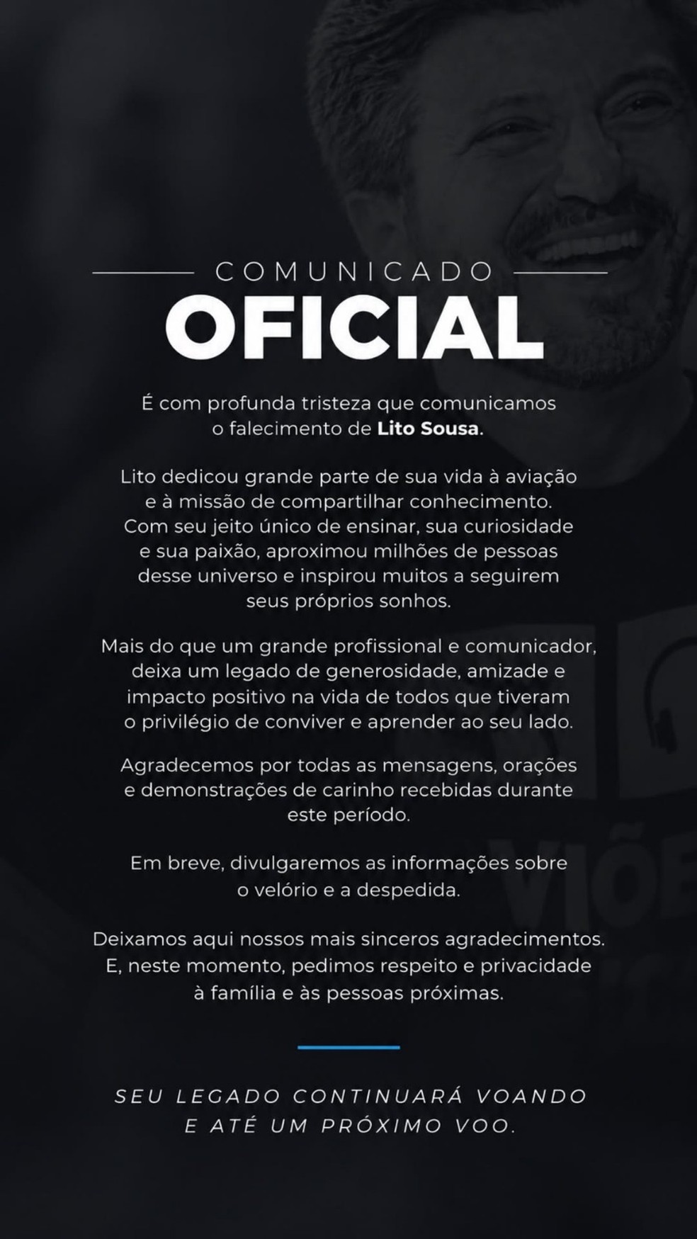 Nota oficial da morte de Lito Sousa — Foto: Reprodução/Instagram