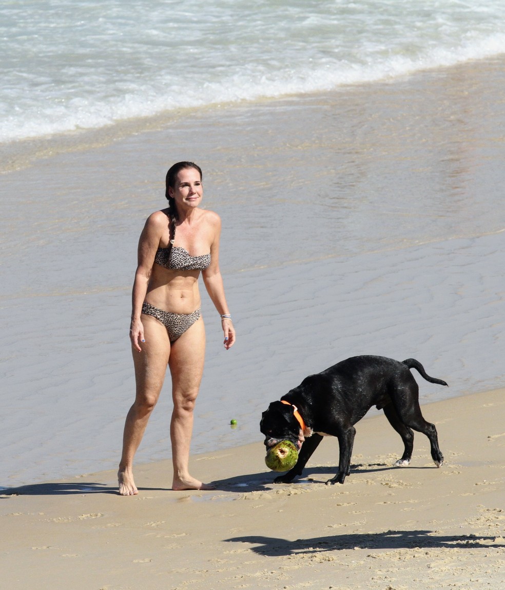 Andrea Veiga brinca com cachorro em praia carioca — Foto: Daniel Delmiro/AgNews