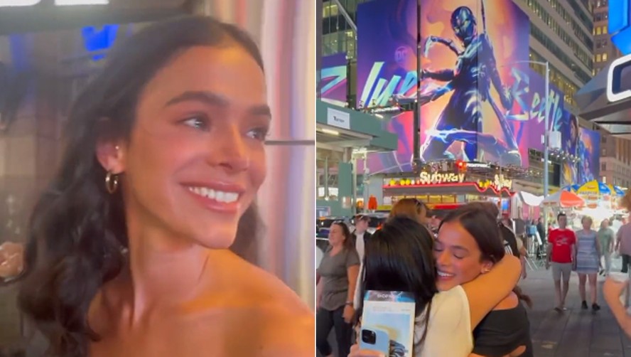 Bruna Marquezine se emociona com painel de ‘Besouro Azul’ na Times Square, em Nova York