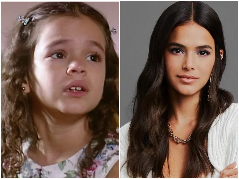 Antes e depois: Bruna Marquezine como Salete, em Mulheres Apaixonadas (Globo, 2003), e com visual atual — Foto: TV Globo e Reprodução/Instagram