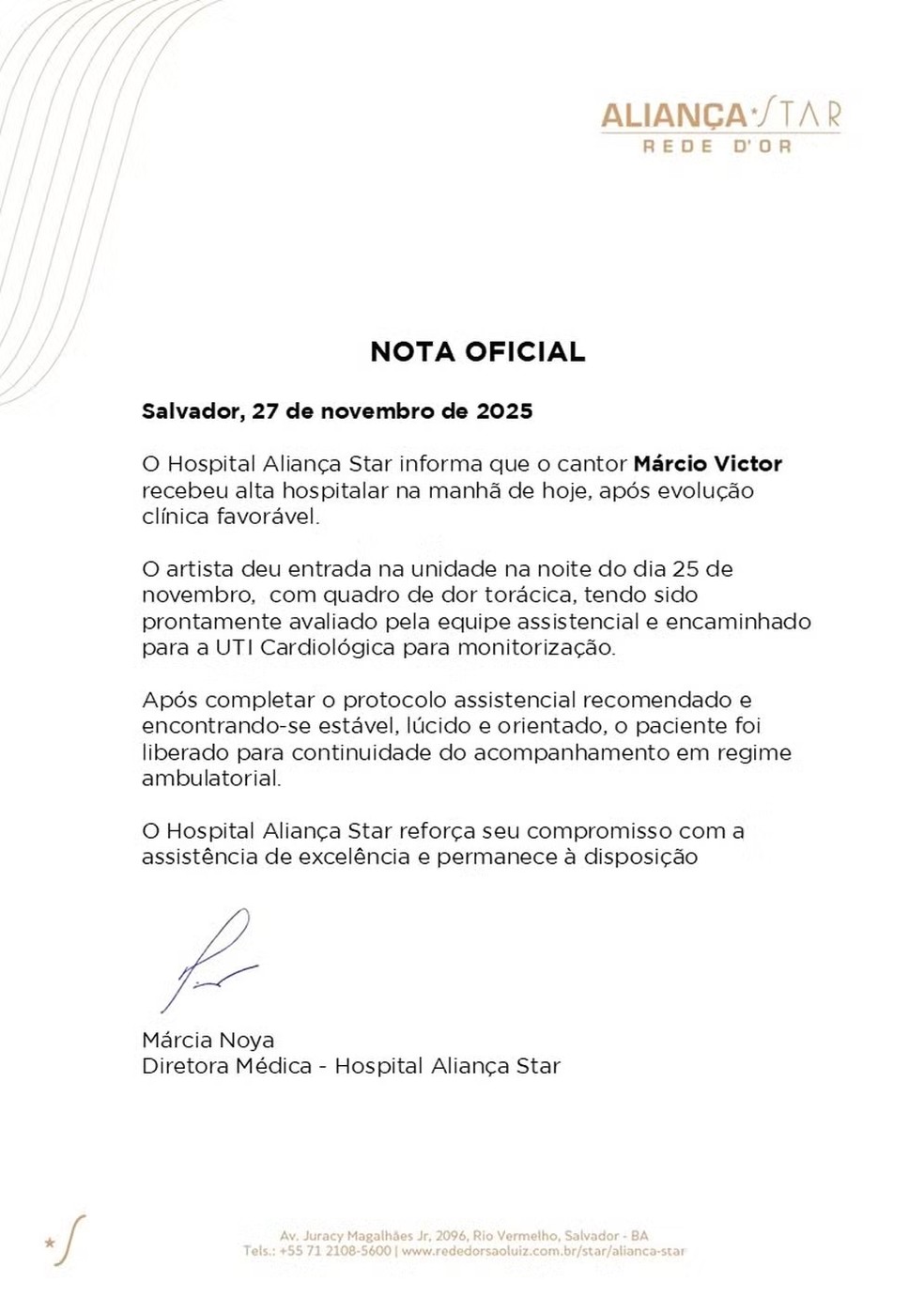 Boletim confirma alta hospitalar do cantor Márcio Victor, vocalista do Psirico, após passar por cateterismo — Foto: Divulgação