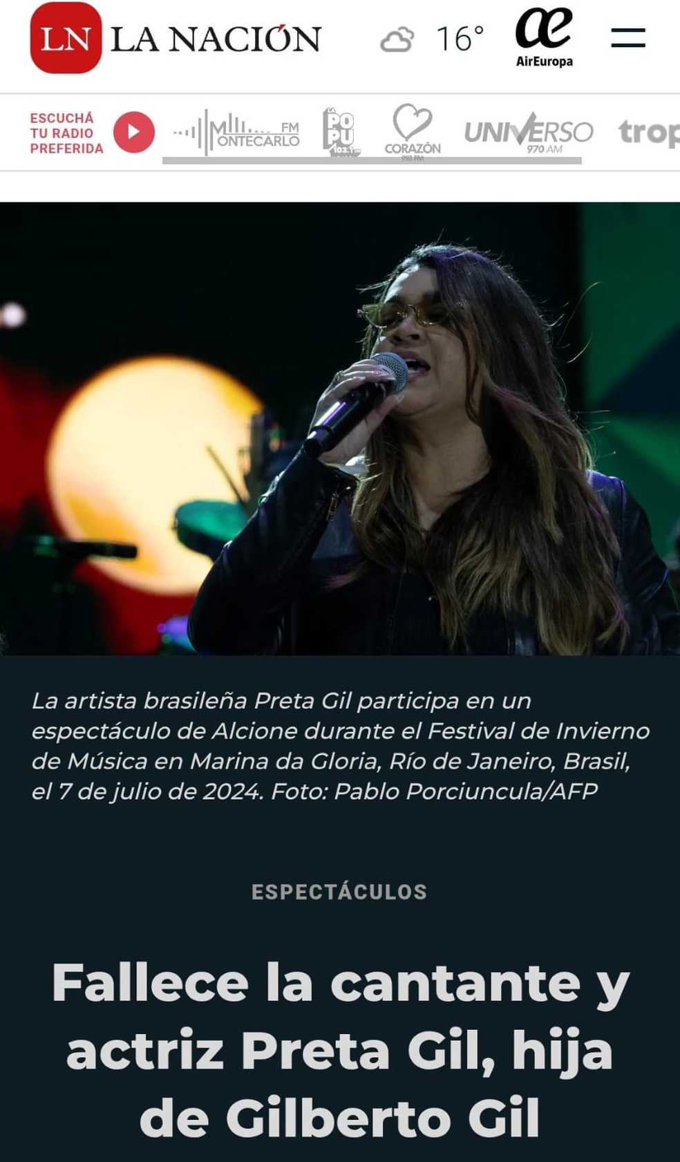 Morte de Preta Gil na imprensa internacional — Foto: Reprodução/Instagram