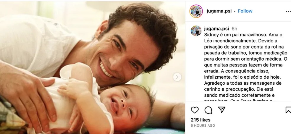 Ex-mulher de Sidney Sampaio atualiza estado de saúde do ator após surto em hotel — Foto: Reprodução/Instagram