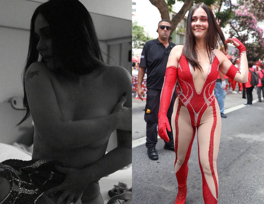 Alessandra Negrini nua minutos antes de sair em bloco em SP; atriz escolheu figurino vermelho, cheio de recortes e  decotado