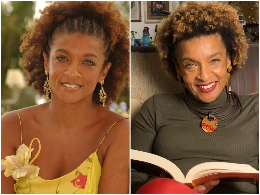 Antes e depois: Elisa Lucinda, como Pérola, em Mulheres Apaixonadas (Globo, 2003), e com visual atual — Foto: TV Globo e Reprodução/Instagram