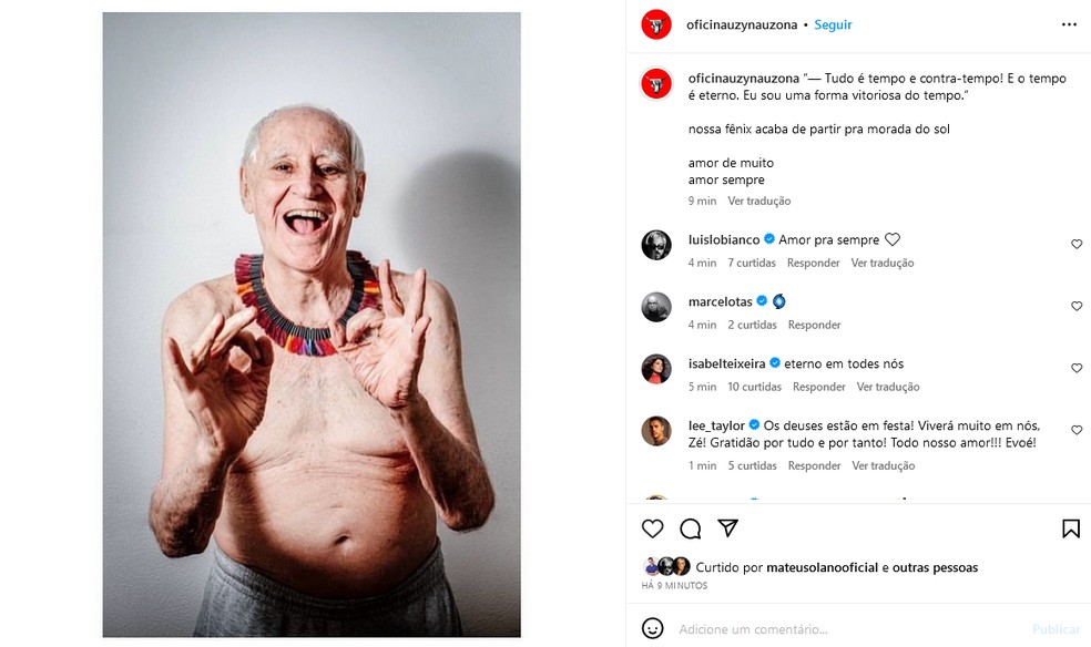 Teatro Oficina anuncia morte de Zé Celso — Foto: Reprodução/Instagram