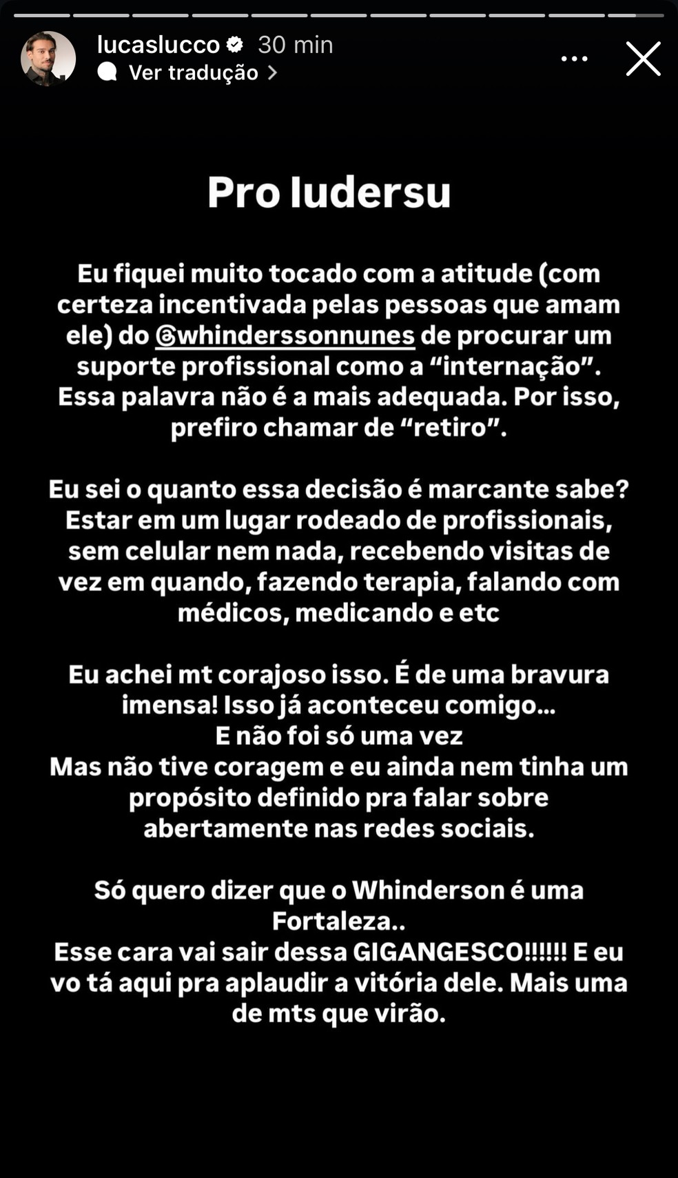 Lucas Lucco comenta internação de Whindersson Nunes — Foto: Reprodução/Instagram