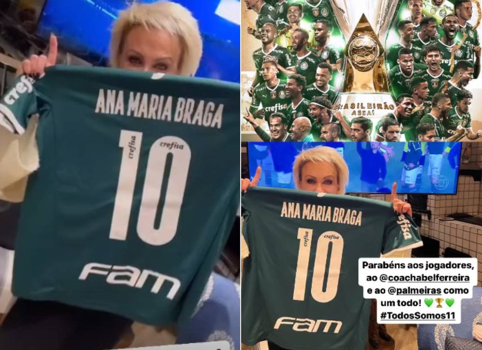 Ana Maria Braga com sua camiseta personalizada do Palmeiras — Foto: Reprodução/Instagram