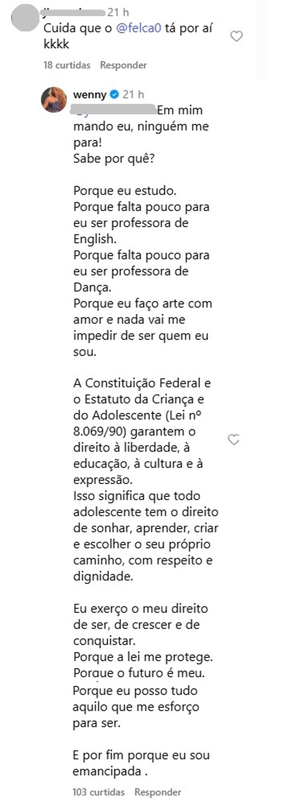 Wenny rebateu seguidor — Foto: Reprodução/Instagram