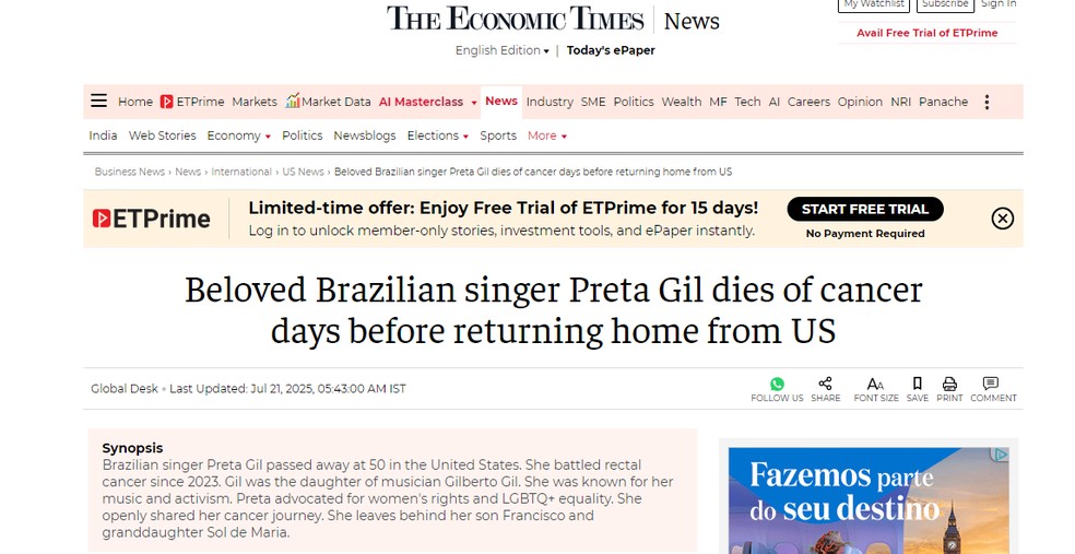The Economist Times repercute morte de Preta Gil — Foto: Reprodução