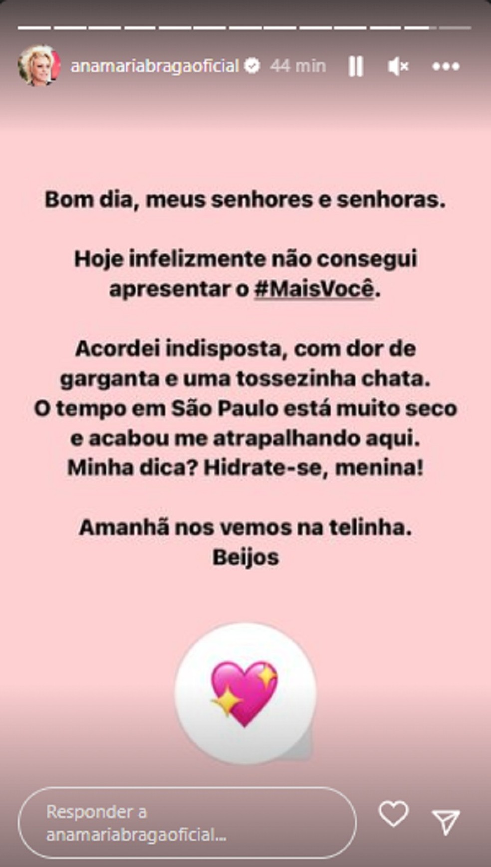 Ana Maria Braga se pronuncia em rede social após se ausentar do 'Mais Você' — Foto: Reprodução/Instagram