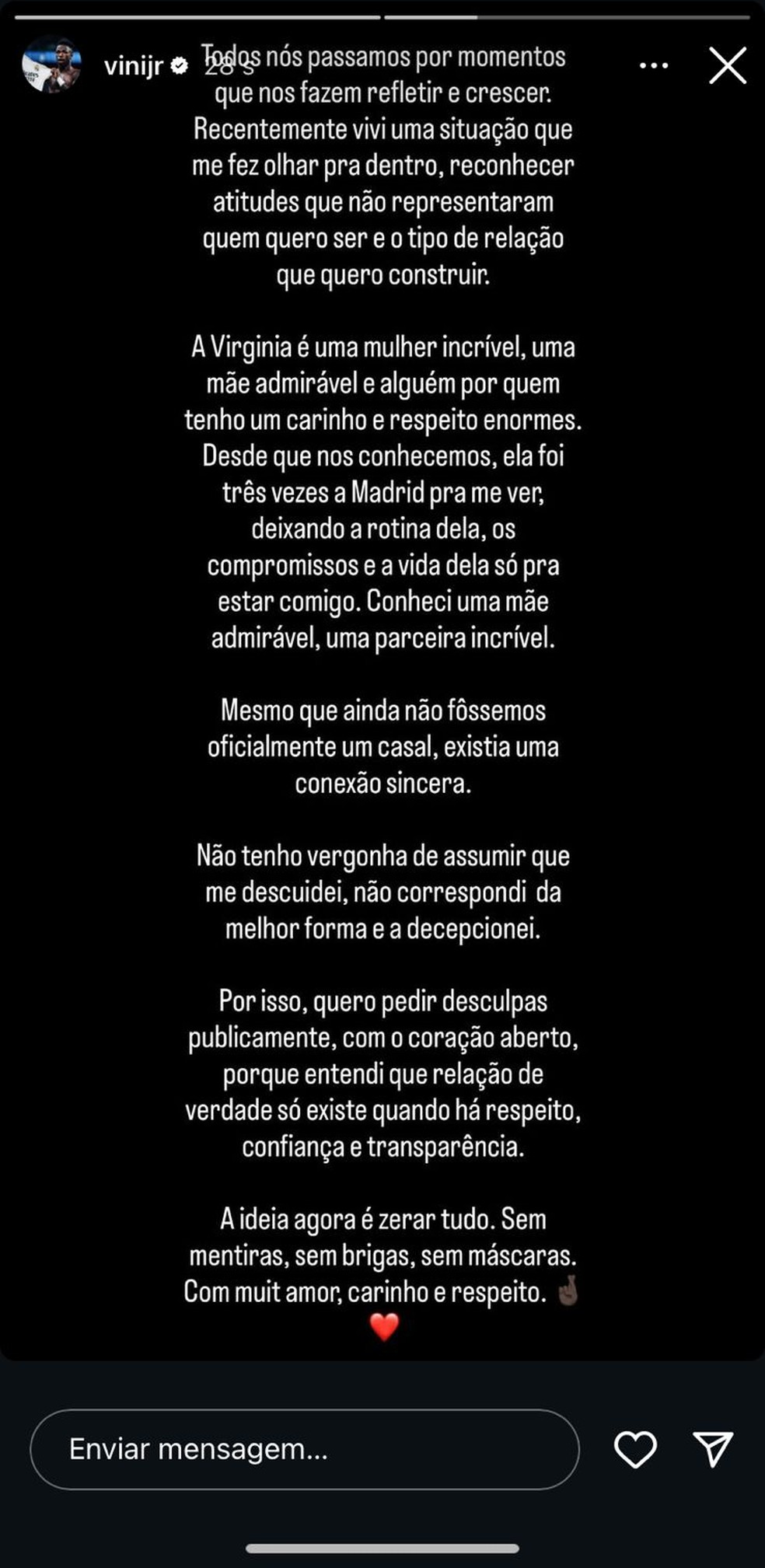 Vini Jr se pronuncia — Foto: Reprodução/Instagram