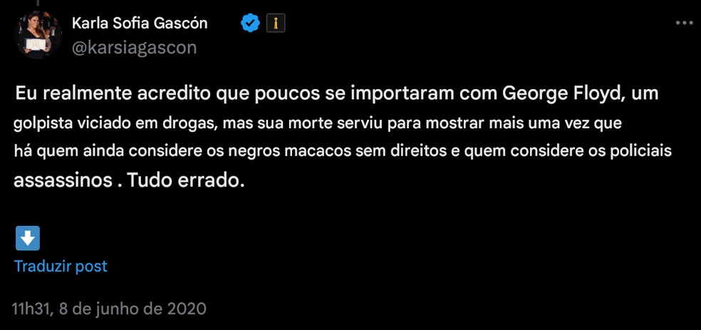 Internautas resgatam post de Karla Sofía Gazcón sobre George Floyd — Foto: Reprodução/Instagram