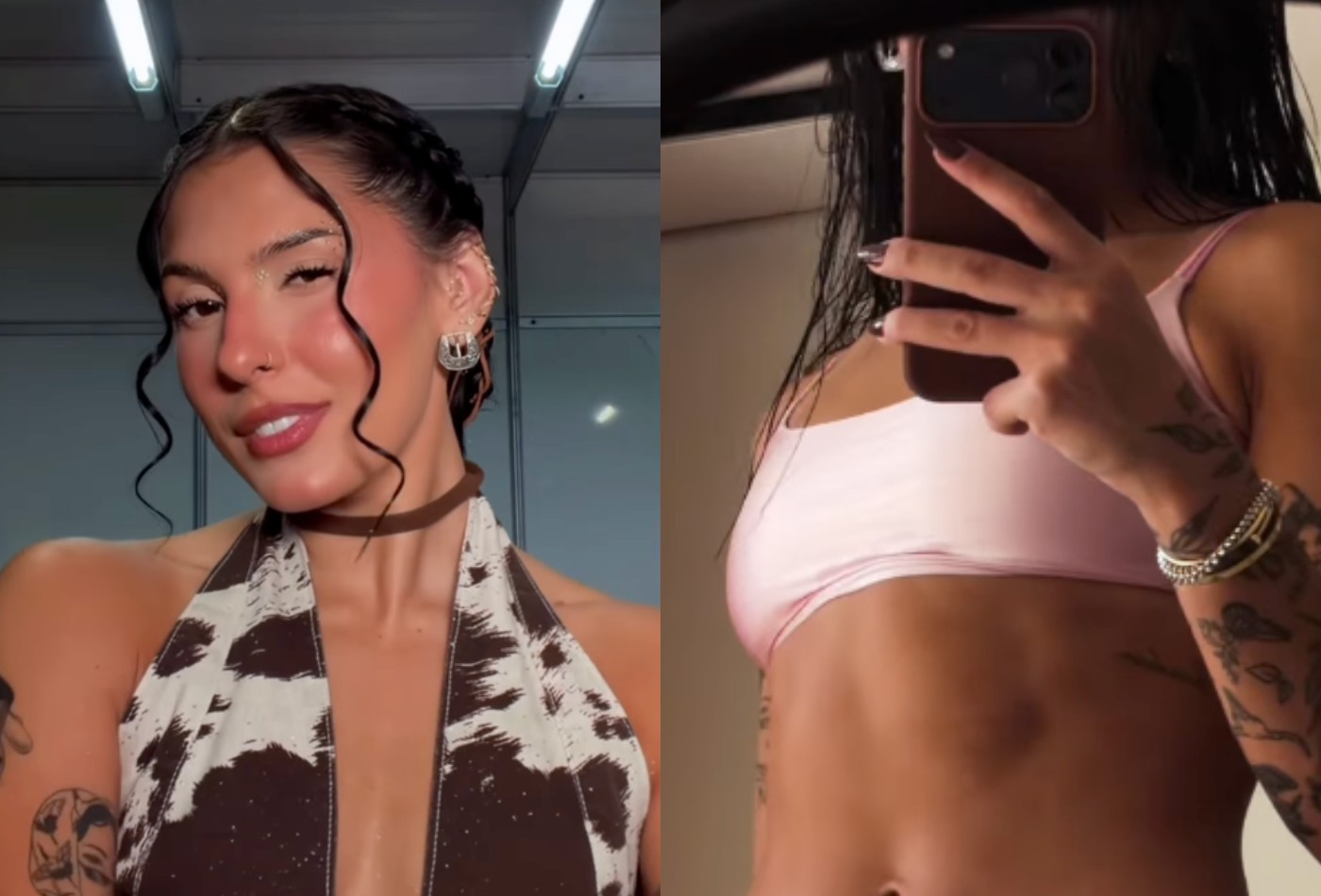 Ana Castela exibe abdômen definido no espelho usando calça de cintura baixa