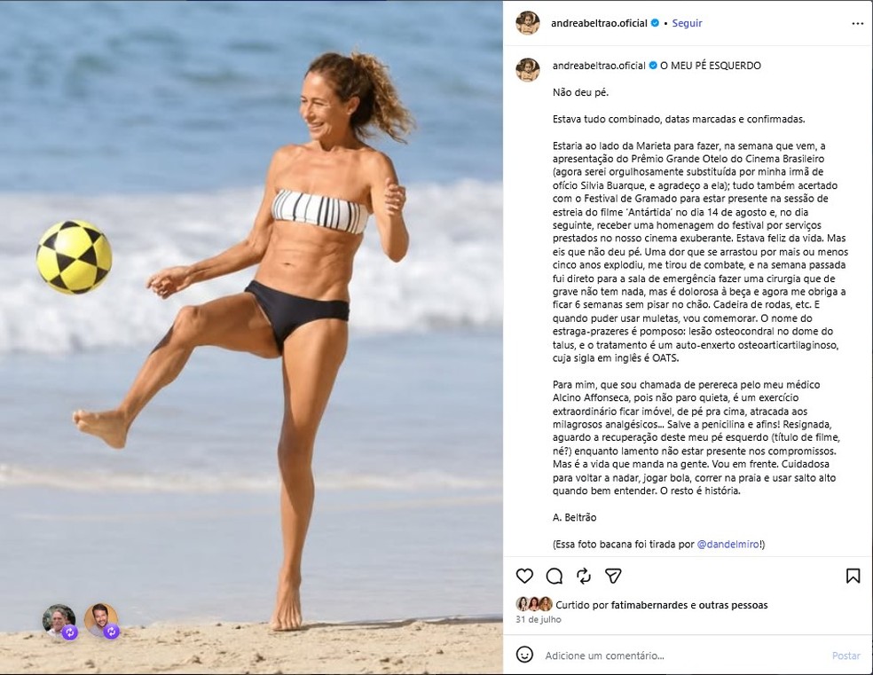 Andrea Beltrão anuncia cirirgia no pé esquerdo — Foto: Reprodução/Instagram