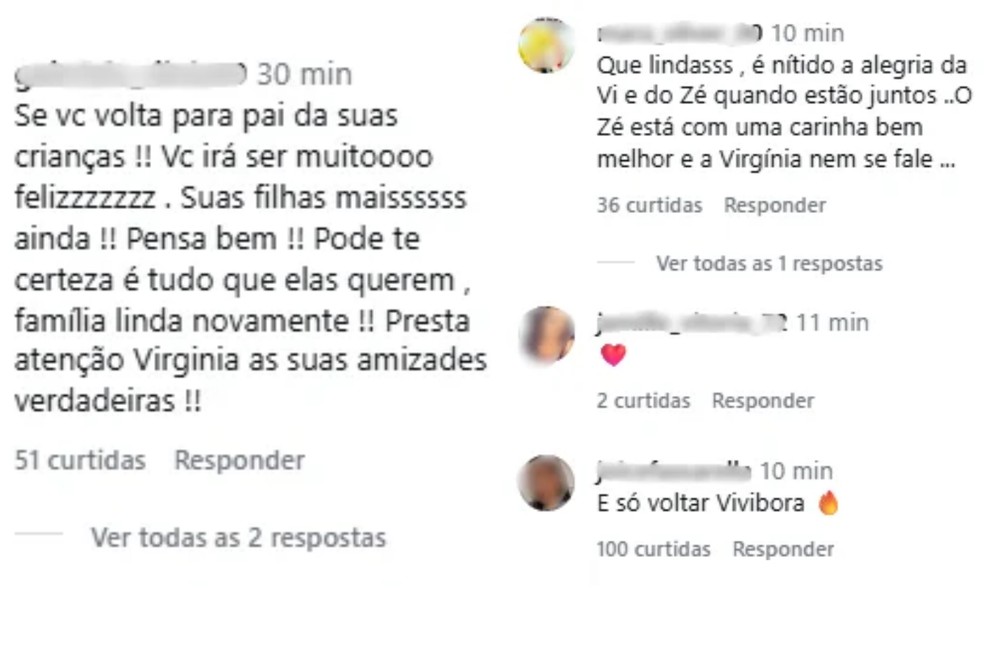 Fãs pedem que Virginia volte com Zé Felipe após término com Vini Jr. — Foto: Reprodução/Instagram