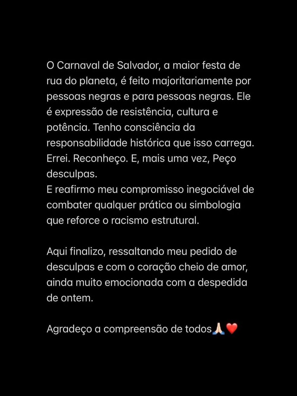 Carla Perez pede desculpas após repercussão de cena no Carnaval de Salvador — Foto: Reprodução/ Instagram