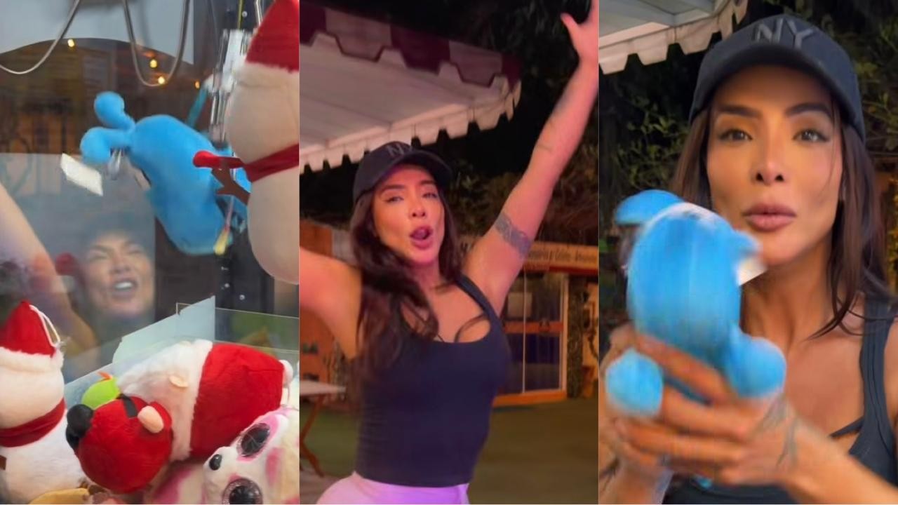 Carol Nakamura vibra ao pegar pelúcia em máquina de garra após várias tentativas: 'Levo a sério'