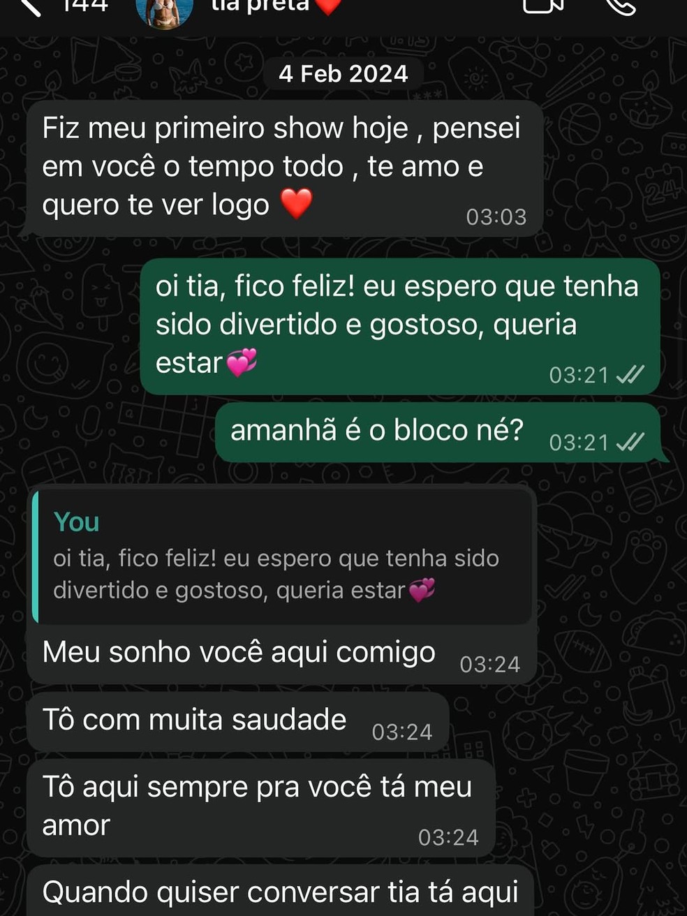 Flor Gil desabafa sobre saudade de Preta Gil e divide print de conversa com a tia — Foto: Reprodução/Instagram